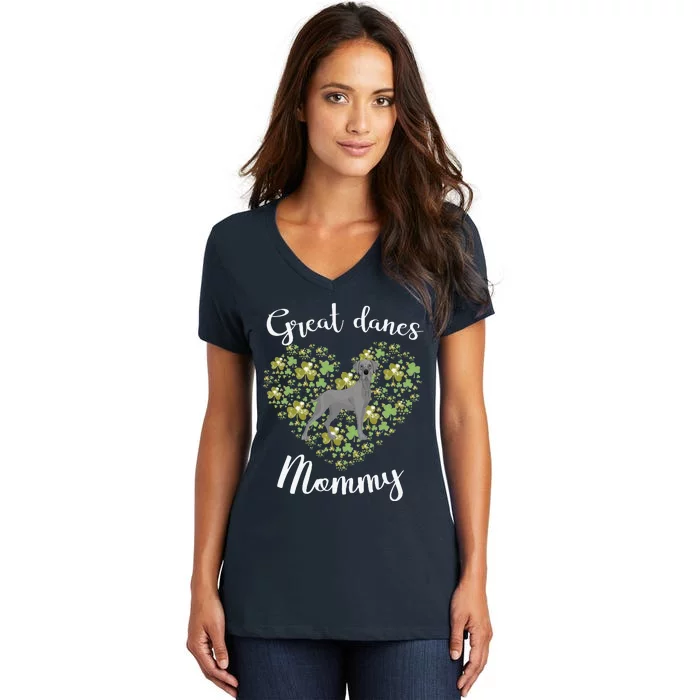 Great Danes Mommy Irish Shamrock Heart Funny St Patricks Day Women's V-Neck T-Shirt