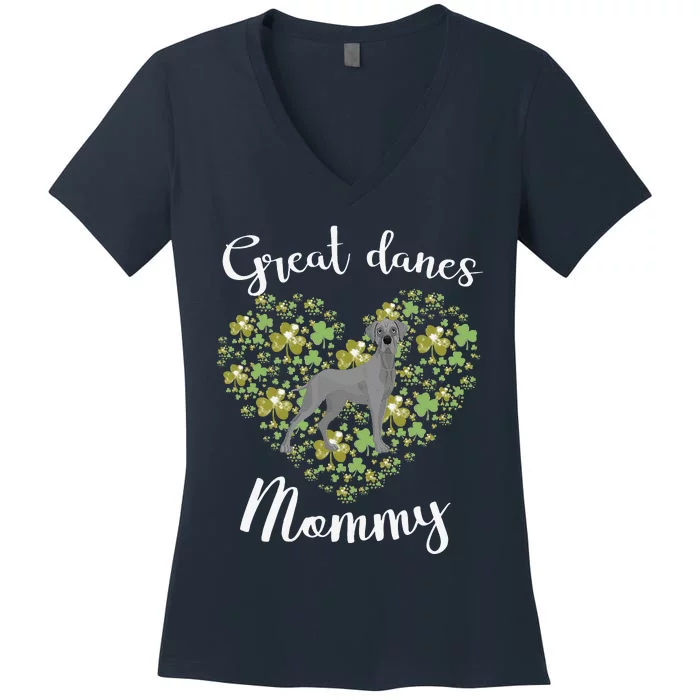 Great Danes Mommy Irish Shamrock Heart Funny St Patricks Day Women's V-Neck T-Shirt