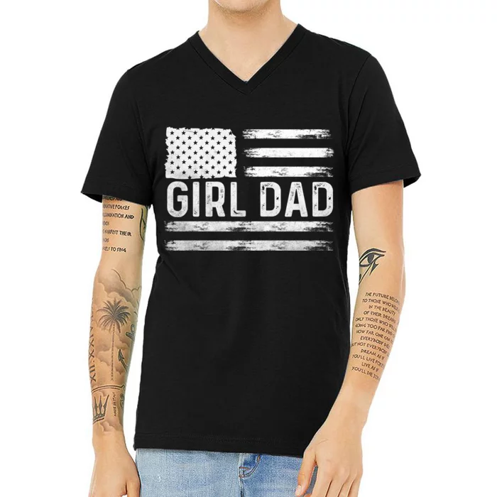 Girl Dad Proud FatherS Day Distressed Flag Apparel V-Neck T-Shirt