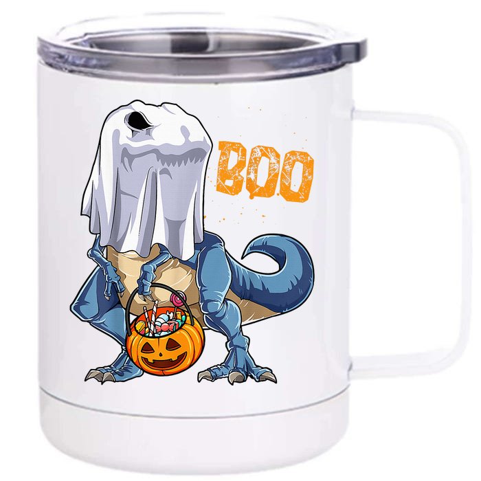 Ghost Dinosaur T rex Funny Boo Halloween Pumpkin Front & Back 12oz Stainless Steel Tumbler Cup