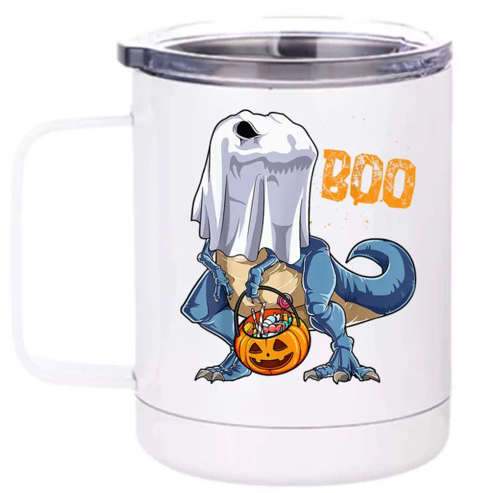 Ghost Dinosaur T rex Funny Boo Halloween Pumpkin Front & Back 12oz Stainless Steel Tumbler Cup