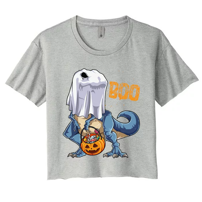 Ghost Dinosaur T Rex Funny Boo Halloween Pumpkin Women's Crop Top Tee