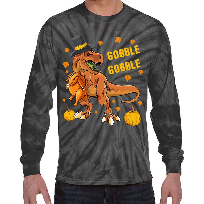 Gobble Dinosaur T Rex Wearing Turkey Costume Thanksgiving Tie-Dye Long Sleeve Shirt