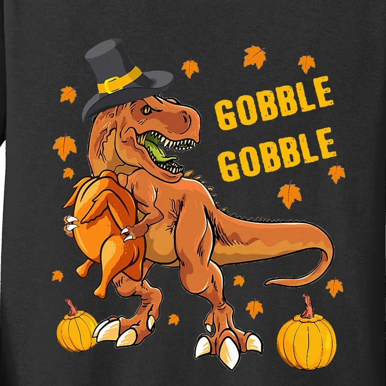 Gobble Dinosaur T Rex Wearing Turkey Costume Thanksgiving Kids Long Sleeve Shirt