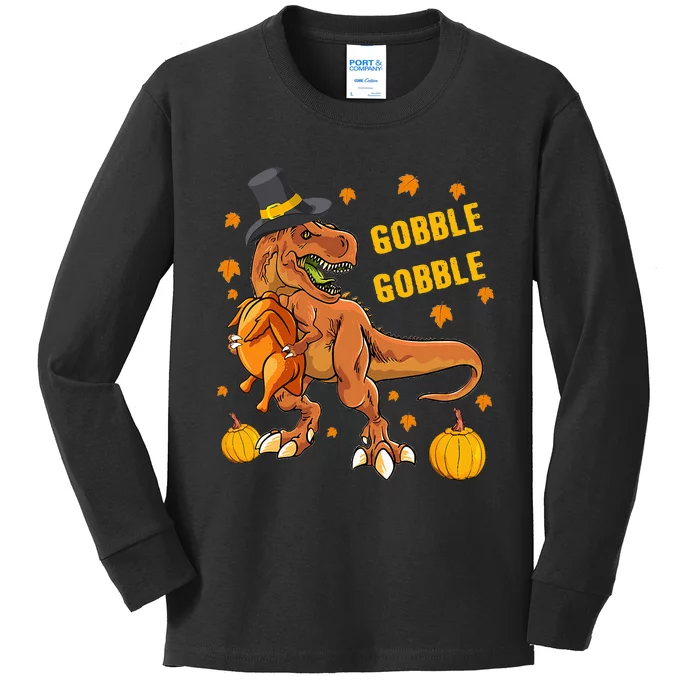 Gobble Dinosaur T Rex Wearing Turkey Costume Thanksgiving Kids Long Sleeve Shirt