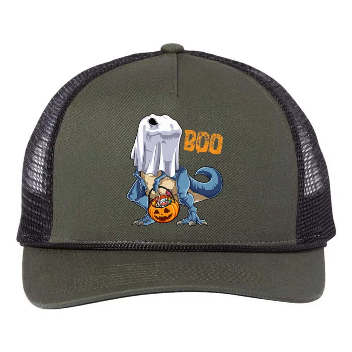 Ghost Dinosaur T Rex Funny Boo Halloween Retro Rope Trucker Hat Cap