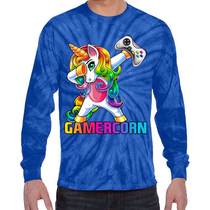 Gamercorn Dabbing Unicorn Video Game Controller Gamer Gift Tie-Dye Long Sleeve Shirt