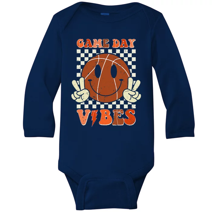 Game Day Vibes Basketball Retro Smile Face Sport Baby Long Sleeve Bodysuit