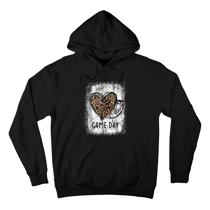 Game Day With Leopard Heart Football Lovers Mom Bleached Hoodie