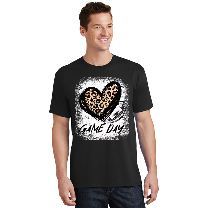 Game Day With Leopard Heart Football Lovers Mom Bleached T-Shirt