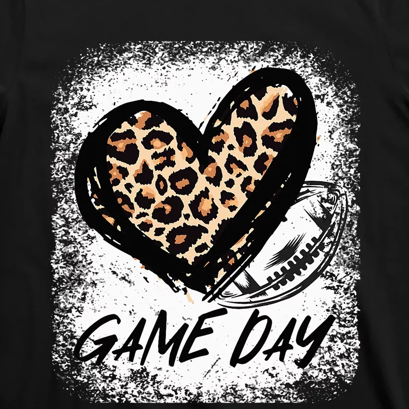 Game Day With Leopard Heart Football Lovers Mom Bleached T-Shirt