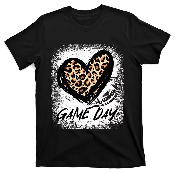 Game Day With Leopard Heart Football Lovers Mom Bleached T-Shirt