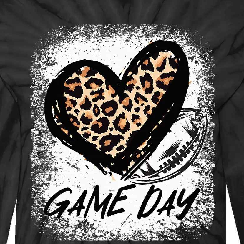 Game Day With Leopard Heart Football Lovers Mom Bleached Tie-Dye Long Sleeve Shirt