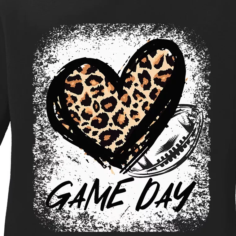 Game Day With Leopard Heart Football Lovers Mom Bleached Ladies Long Sleeve Shirt