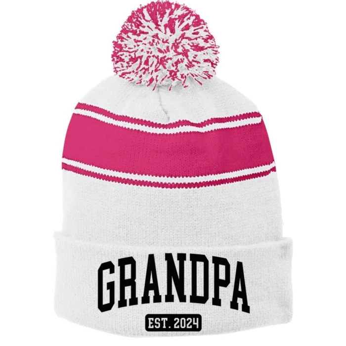 Grandpa Est. 2024 Stripe Pom Pom Beanie