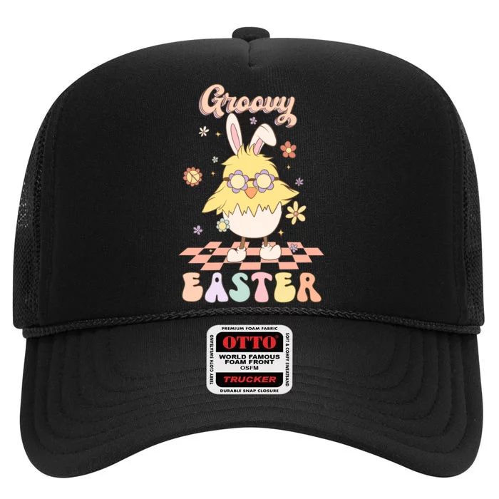 Groovy Easter Funny Chick Retro Easter Day High Crown Mesh Trucker Hat