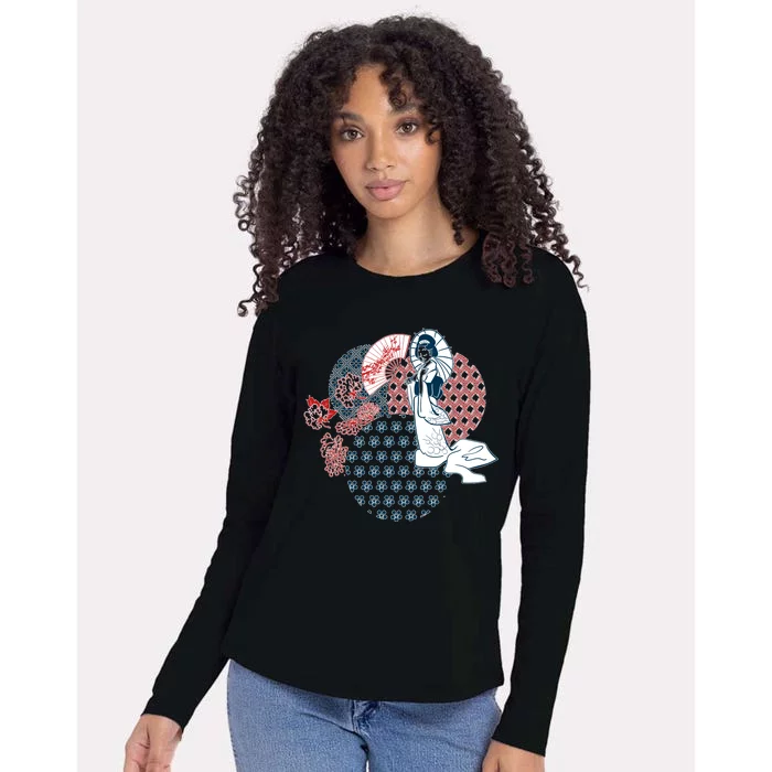 Geisha Fan Parasol Abstract Womens Cotton Relaxed Long Sleeve T-Shirt