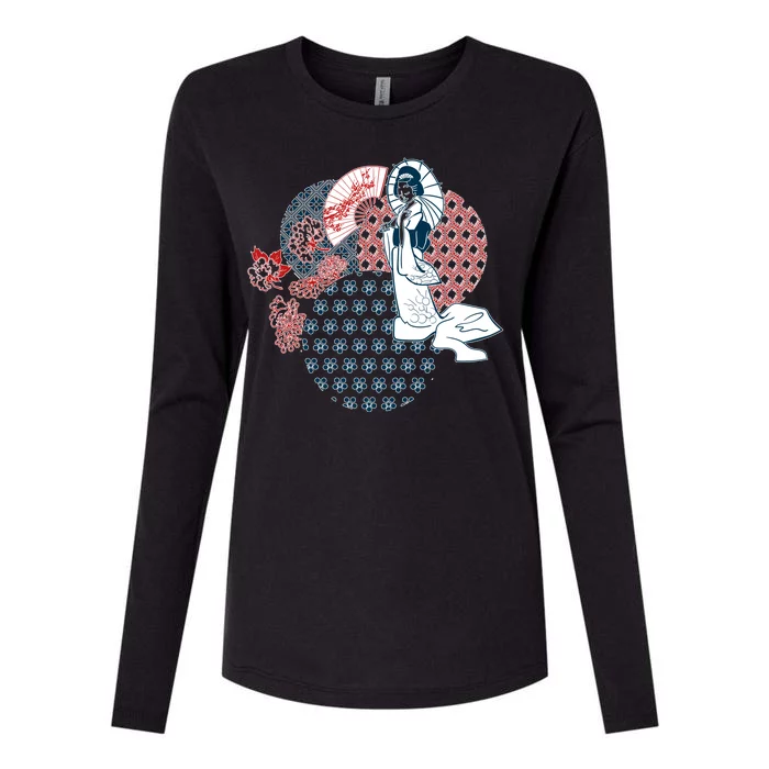 Geisha Fan Parasol Abstract Womens Cotton Relaxed Long Sleeve T-Shirt