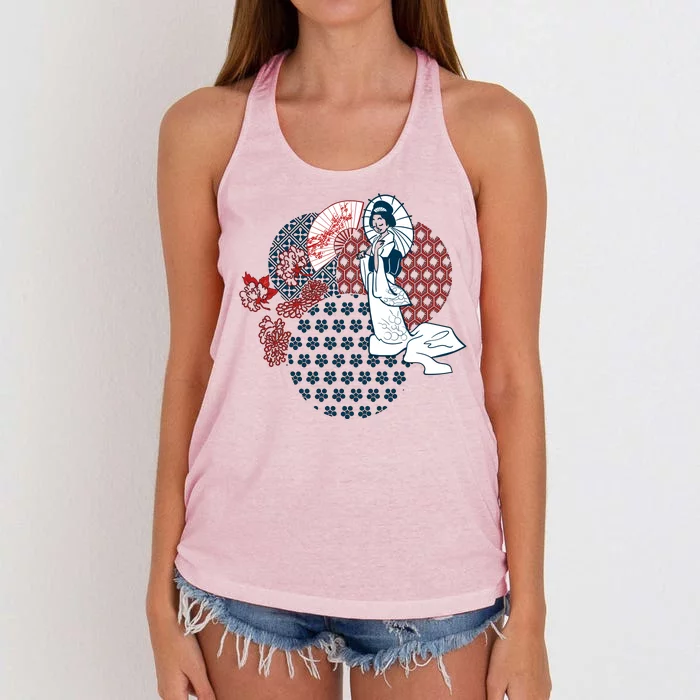 Geisha Fan Parasol Abstract Women's Knotted Racerback Tank