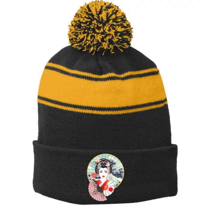 Geisha Great Wave Frame Fans Stripe Pom Pom Beanie