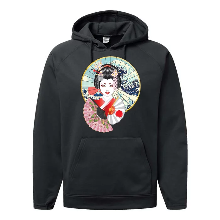 Geisha Great Wave Frame Fans Performance Fleece Hoodie