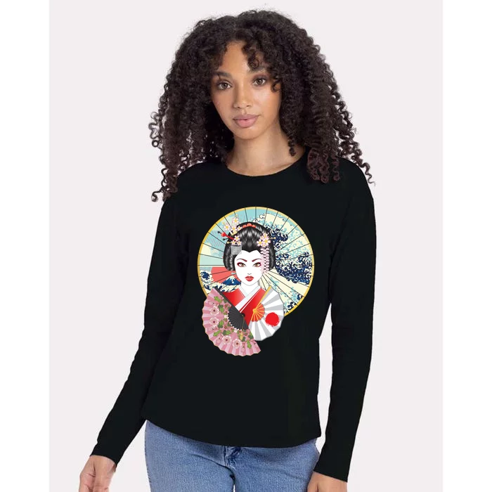 Geisha Great Wave Frame Fans Womens Cotton Relaxed Long Sleeve T-Shirt