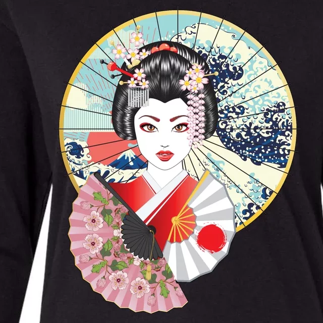 Geisha Great Wave Frame Fans Womens Cotton Relaxed Long Sleeve T-Shirt