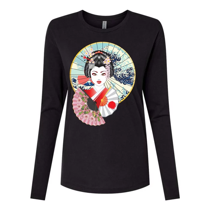 Geisha Great Wave Frame Fans Womens Cotton Relaxed Long Sleeve T-Shirt