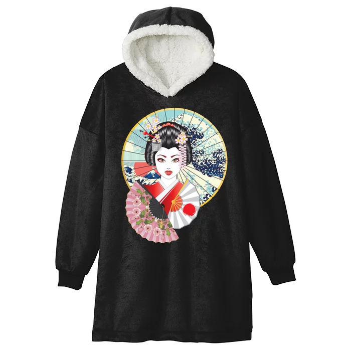 Geisha Great Wave Frame Fans Hooded Wearable Blanket