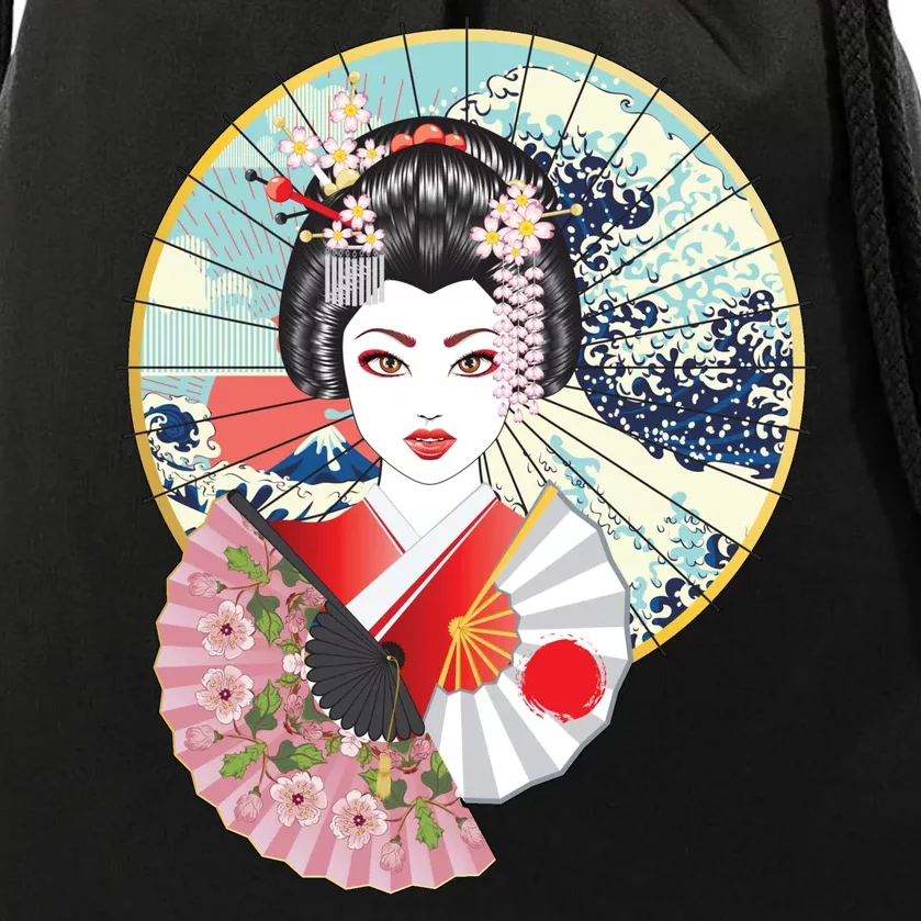 Geisha Great Wave Frame Fans Drawstring Bag