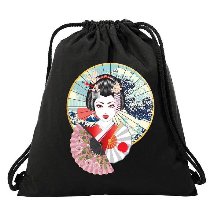 Geisha Great Wave Frame Fans Drawstring Bag