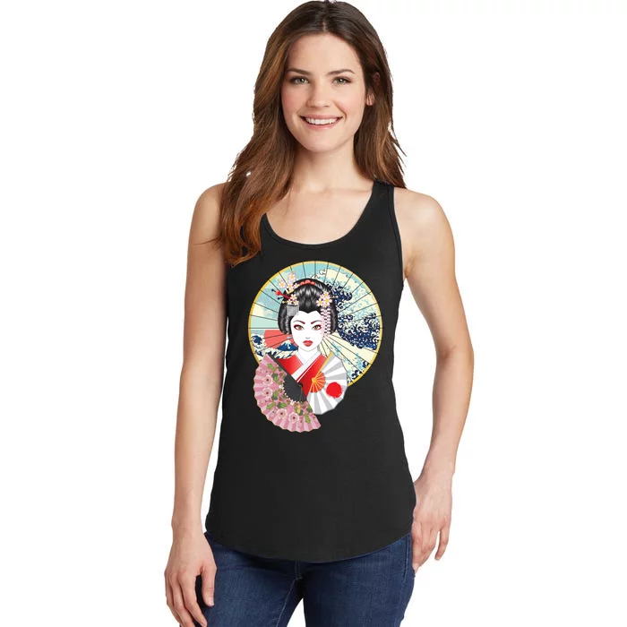 Geisha Great Wave Frame Fans Ladies Essential Tank