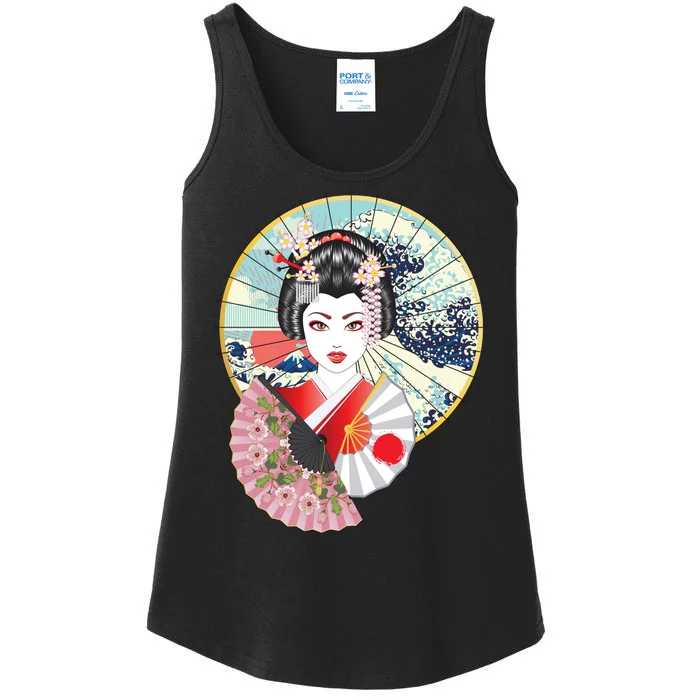 Geisha Great Wave Frame Fans Ladies Essential Tank