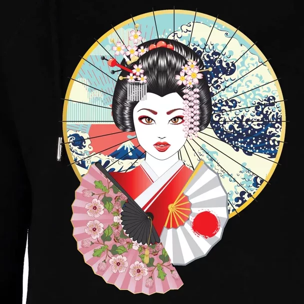 Geisha Great Wave Frame Fans Womens Funnel Neck Pullover Hood