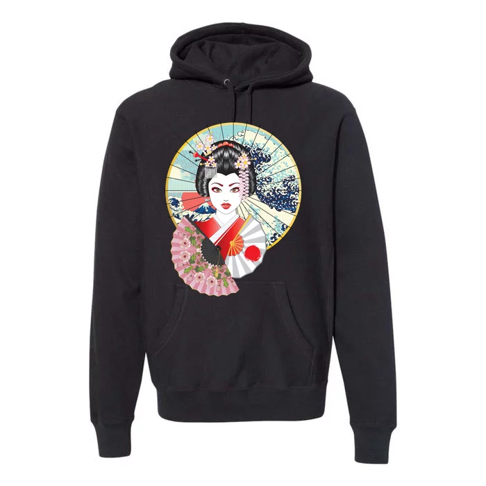 Geisha Great Wave Frame Fans Premium Hoodie