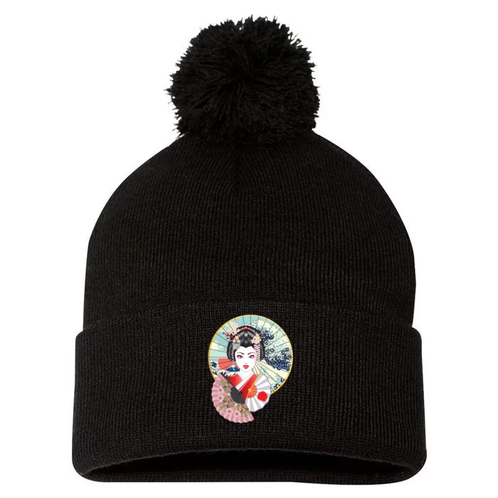 Geisha Great Wave Frame Fans Pom Pom 12in Knit Beanie