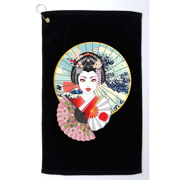 Geisha Great Wave Frame Fans Platinum Collection Golf Towel