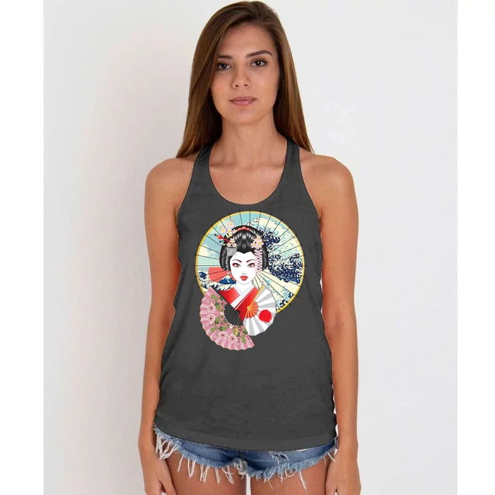 Geisha Great Wave Frame Fans Women's Knotted Racerback Tank