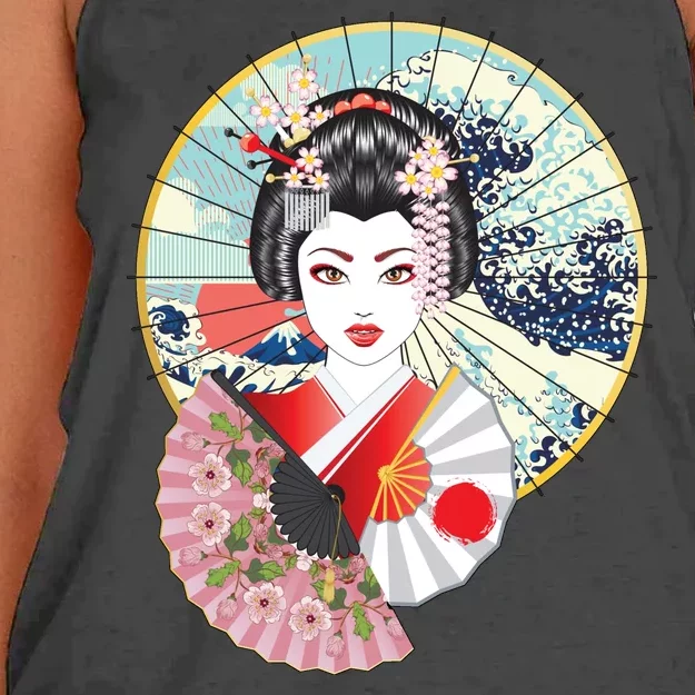 Geisha Great Wave Frame Fans Women's Knotted Racerback Tank