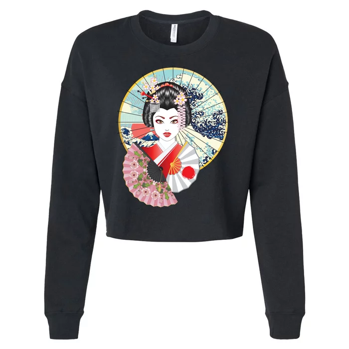 Geisha Great Wave Frame Fans Cropped Pullover Crew