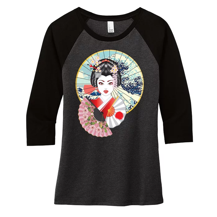 Geisha Great Wave Frame Fans Women's Tri-Blend 3/4-Sleeve Raglan Shirt