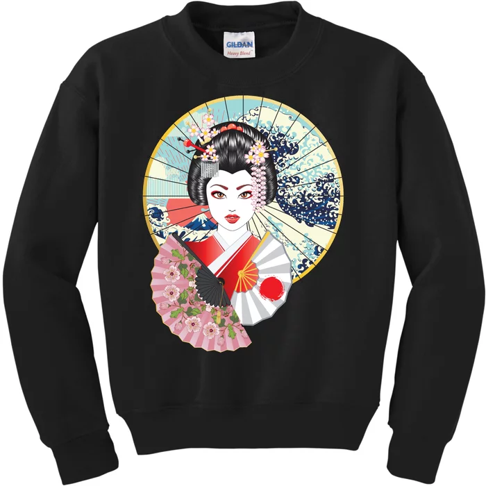 Geisha Great Wave Frame Fans Kids Sweatshirt