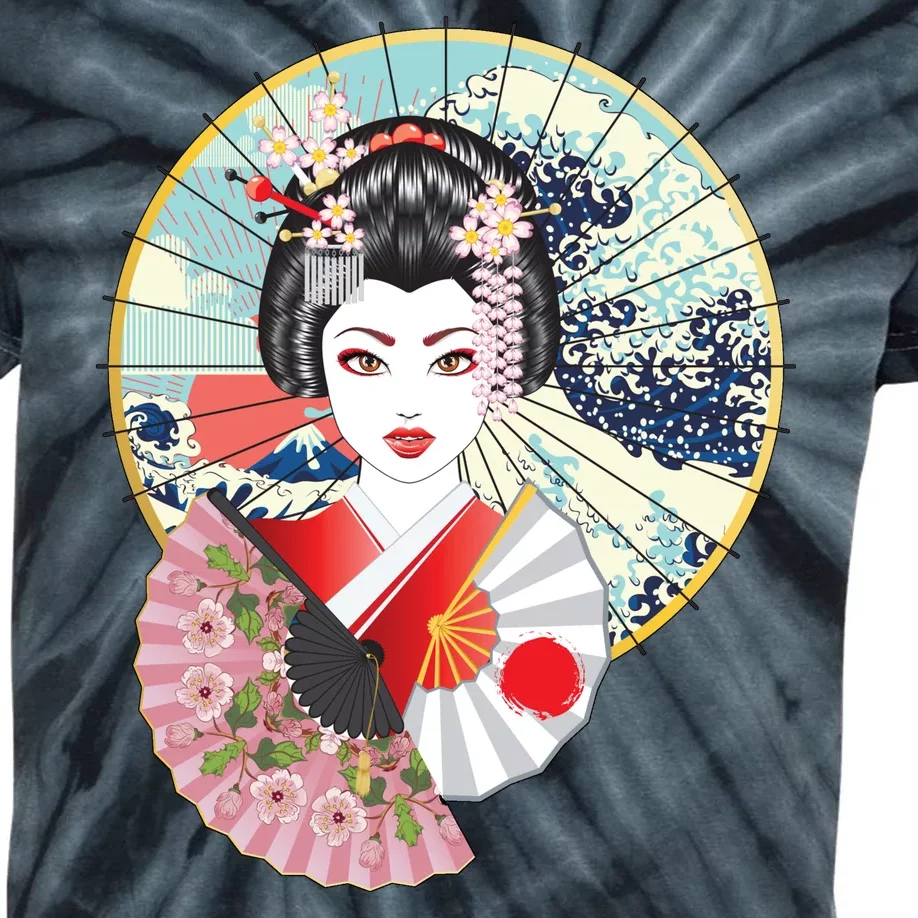 Geisha Great Wave Frame Fans Kids Tie-Dye T-Shirt