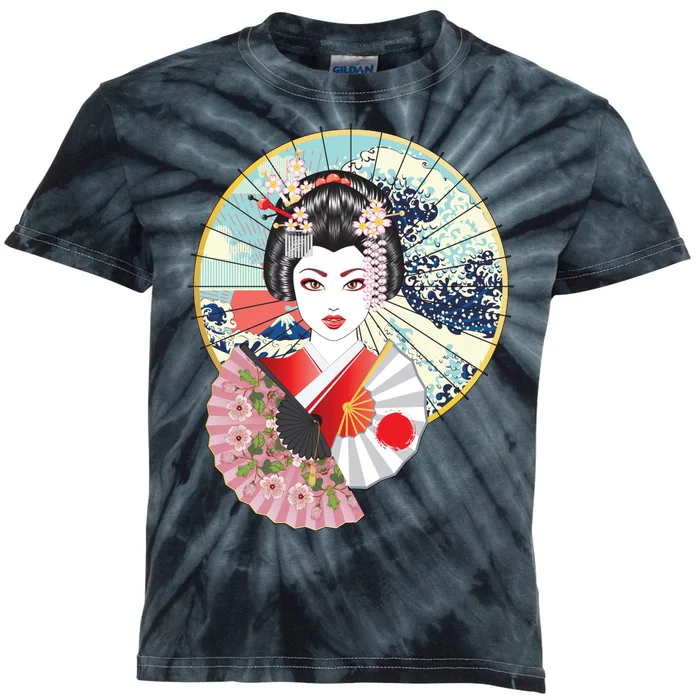 Geisha Great Wave Frame Fans Kids Tie-Dye T-Shirt