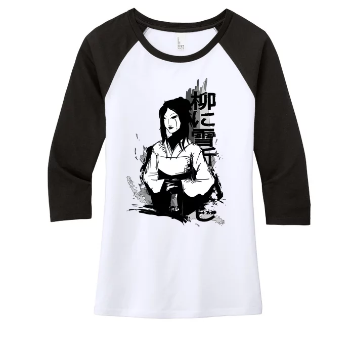 Geisha Japanese Script Greyscale Women's Tri-Blend 3/4-Sleeve Raglan Shirt