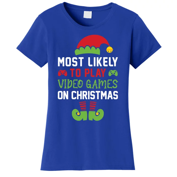 Gamer Elf Most Likely To Play Video Games Christmas Funny Gift Women's T-Shirt