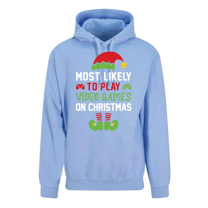 Gamer Elf Most Likely To Play Video Games Christmas Funny Gift Unisex Surf Hoodie