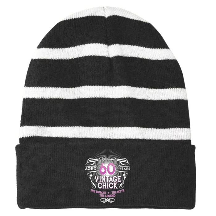 Genuine Aged 60 Years Vintage Chick 60th Birthday Striped Beanie with Solid Band