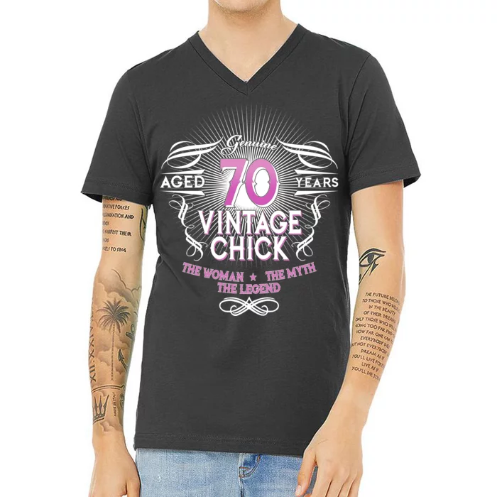 Genuine Aged 70 Years Vintage Chick 70th Birthday V-Neck T-Shirt