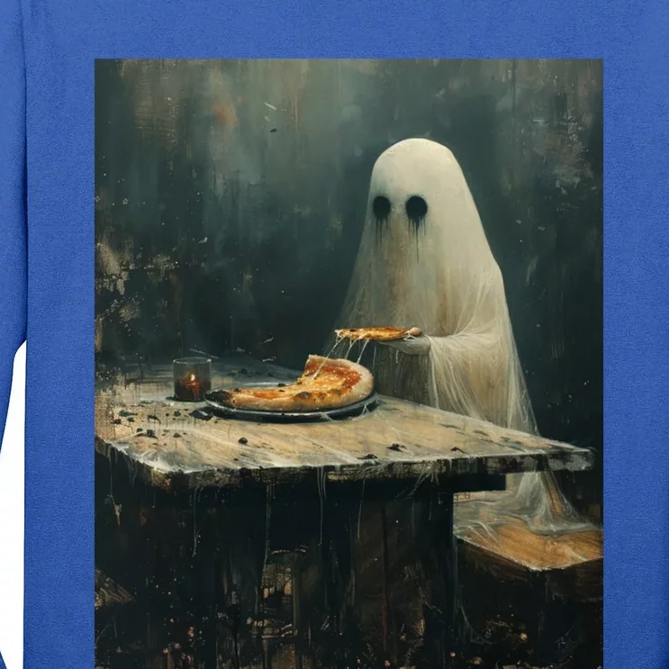 Ghost Eating Pizza Funny Halloween Humor Design Gift Tall Long Sleeve T-Shirt